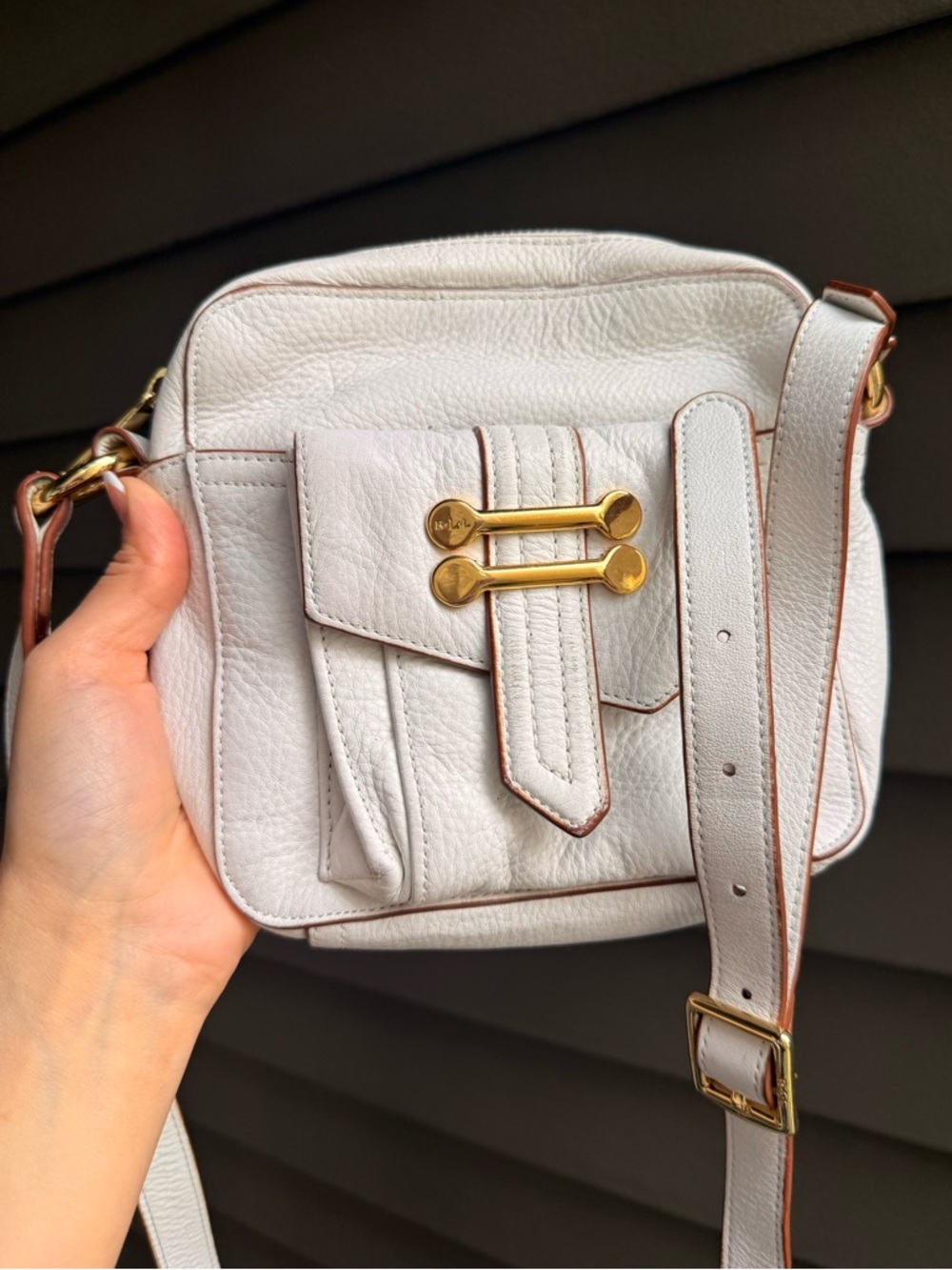Lauren Ralph Lauren White Pebbled Leather Crossbody Gold Logo‎ Bag Y2K